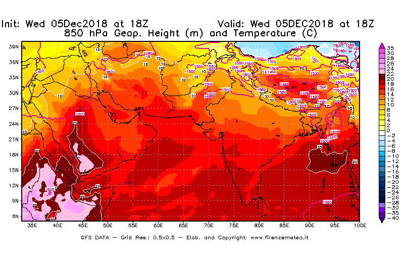 Mappa di analisi GFS - Geopotenziale [m] e Temperatura [°C] a 850 hPa in Asia Sud-Occidentale
							del 05/12/2018 18 <!--googleoff: index-->UTC<!--googleon: index-->