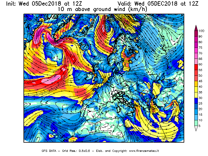 Mappa di analisi GFS - Velocità del vento a 10 metri dal suolo [km/h] in Europa
									del 05/12/2018 12 <!--googleoff: index-->UTC<!--googleon: index-->