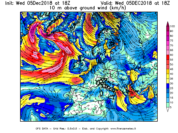 Mappa di analisi GFS - Velocità del vento a 10 metri dal suolo [km/h] in Europa
									del 05/12/2018 18 <!--googleoff: index-->UTC<!--googleon: index-->