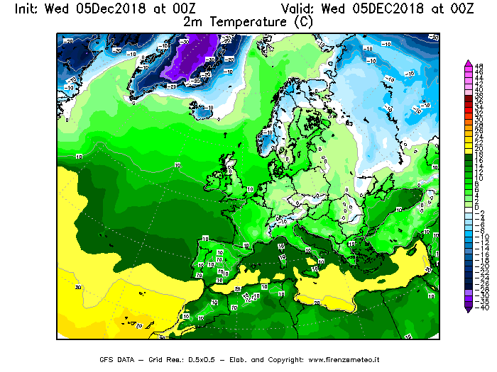 Mappa di analisi GFS - Temperatura a 2 metri dal suolo [°C] in Europa
									del 05/12/2018 00 <!--googleoff: index-->UTC<!--googleon: index-->