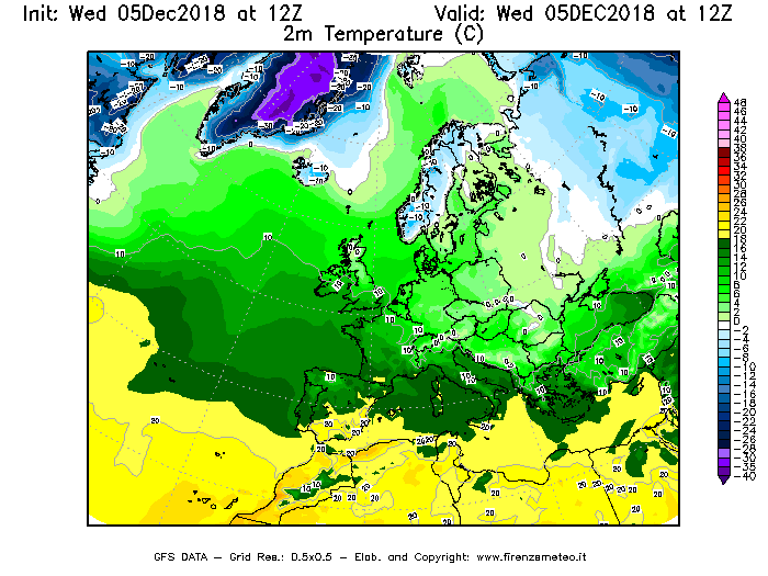 Mappa di analisi GFS - Temperatura a 2 metri dal suolo [°C] in Europa
							del 05/12/2018 12 <!--googleoff: index-->UTC<!--googleon: index-->
