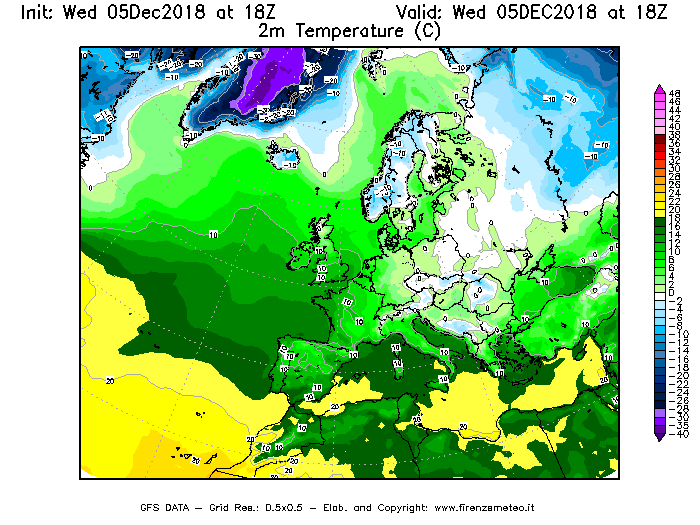 Mappa di analisi GFS - Temperatura a 2 metri dal suolo [°C] in Europa
									del 05/12/2018 18 <!--googleoff: index-->UTC<!--googleon: index-->