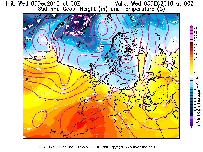 Mappa di analisi GFS - Geopotenziale [m] e Temperatura [°C] a 850 hPa in Europa
									del 05/12/2018 00 <!--googleoff: index-->UTC<!--googleon: index-->