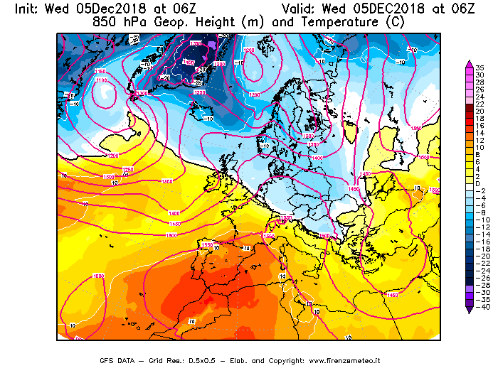 Mappa di analisi GFS - Geopotenziale [m] e Temperatura [°C] a 850 hPa in Europa
							del 05/12/2018 06 <!--googleoff: index-->UTC<!--googleon: index-->