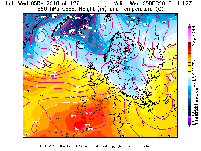 Mappa di analisi GFS - Geopotenziale [m] e Temperatura [°C] a 850 hPa in Europa
							del 05/12/2018 12 <!--googleoff: index-->UTC<!--googleon: index-->