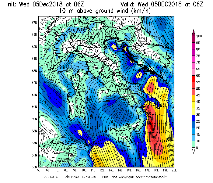Mappa di analisi GFS - Velocità del vento a 10 metri dal suolo [km/h] in Italia
							del 05/12/2018 06 <!--googleoff: index-->UTC<!--googleon: index-->