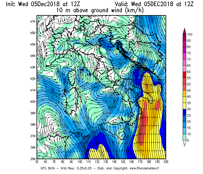 Mappa di analisi GFS - Velocità del vento a 10 metri dal suolo [km/h] in Italia
									del 05/12/2018 12 <!--googleoff: index-->UTC<!--googleon: index-->