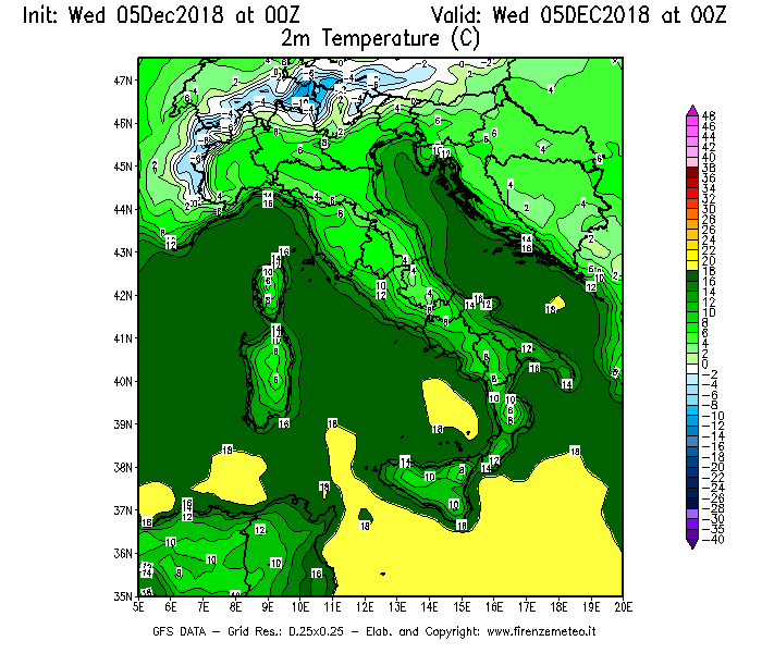Mappa di analisi GFS - Temperatura a 2 metri dal suolo [°C] in Italia
							del 05/12/2018 00 <!--googleoff: index-->UTC<!--googleon: index-->