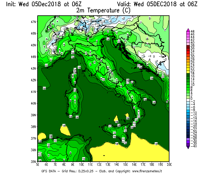 Mappa di analisi GFS - Temperatura a 2 metri dal suolo [°C] in Italia
							del 05/12/2018 06 <!--googleoff: index-->UTC<!--googleon: index-->