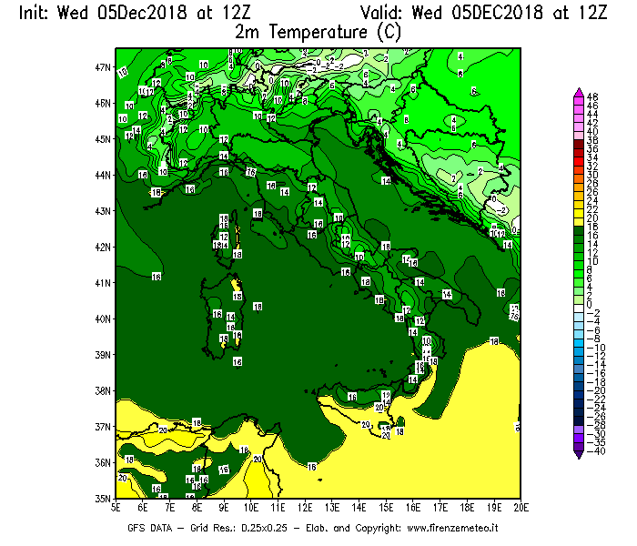 Mappa di analisi GFS - Temperatura a 2 metri dal suolo [°C] in Italia
									del 05/12/2018 12 <!--googleoff: index-->UTC<!--googleon: index-->