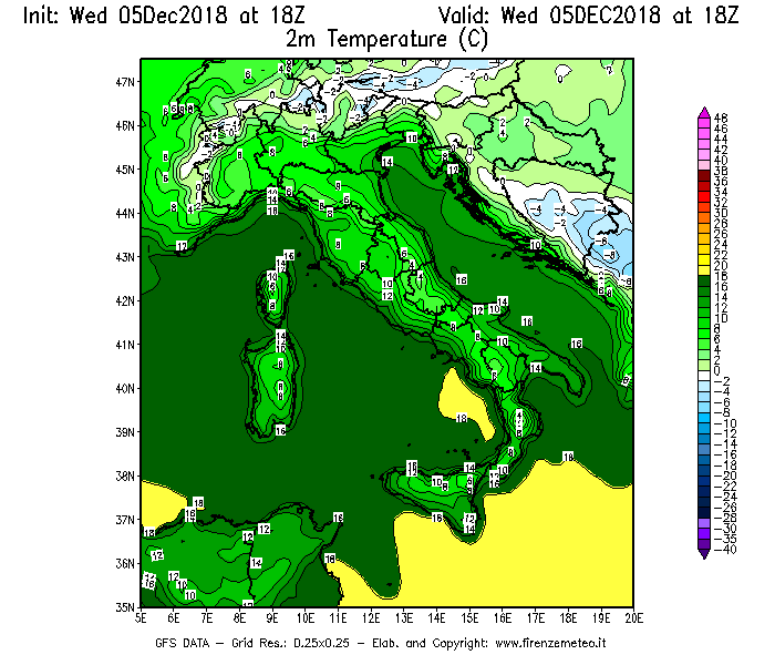 Mappa di analisi GFS - Temperatura a 2 metri dal suolo [°C] in Italia
									del 05/12/2018 18 <!--googleoff: index-->UTC<!--googleon: index-->