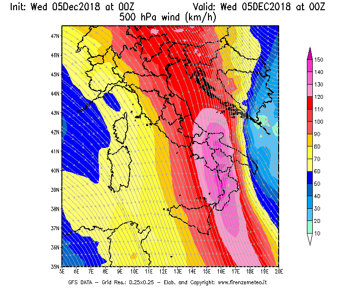Mappa di analisi GFS - Velocità del vento a 500 hPa [km/h] in Italia
							del 05/12/2018 00 <!--googleoff: index-->UTC<!--googleon: index-->