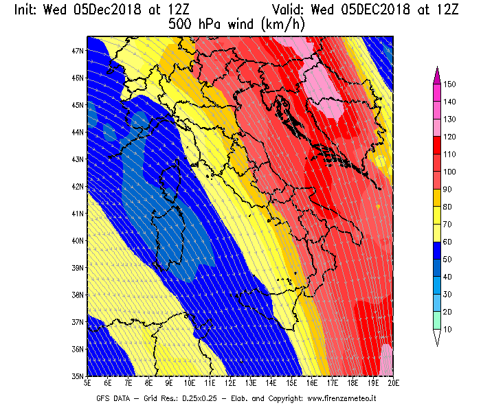 Mappa di analisi GFS - Velocità del vento a 500 hPa [km/h] in Italia
							del 05/12/2018 12 <!--googleoff: index-->UTC<!--googleon: index-->
