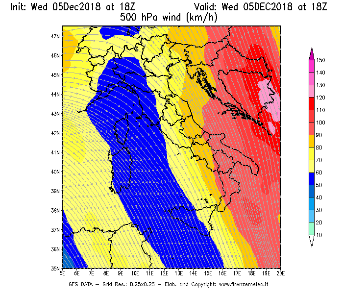 Mappa di analisi GFS - Velocità del vento a 500 hPa [km/h] in Italia
									del 05/12/2018 18 <!--googleoff: index-->UTC<!--googleon: index-->