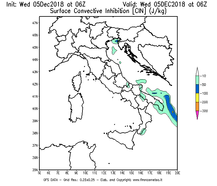 Mappa di analisi GFS - CIN [J/kg] in Italia
									del 05/12/2018 06 <!--googleoff: index-->UTC<!--googleon: index-->
