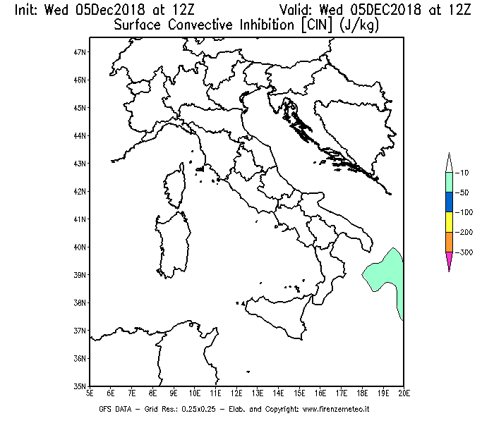 Mappa di analisi GFS - CIN [J/kg] in Italia
									del 05/12/2018 12 <!--googleoff: index-->UTC<!--googleon: index-->