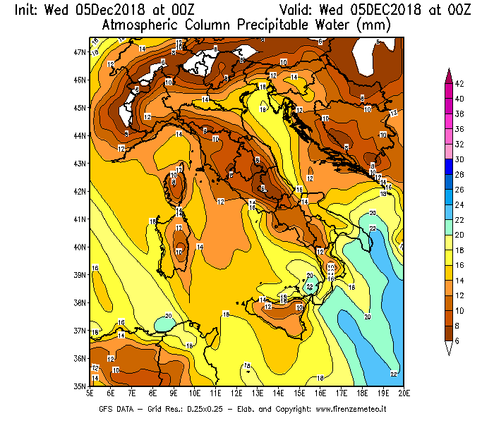 Mappa di analisi GFS - Precipitable Water [mm] in Italia
							del 05/12/2018 00 <!--googleoff: index-->UTC<!--googleon: index-->