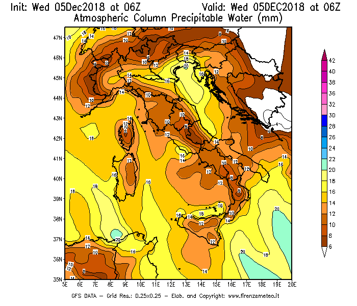 Mappa di analisi GFS - Precipitable Water [mm] in Italia
									del 05/12/2018 06 <!--googleoff: index-->UTC<!--googleon: index-->