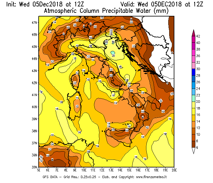 Mappa di analisi GFS - Precipitable Water [mm] in Italia
									del 05/12/2018 12 <!--googleoff: index-->UTC<!--googleon: index-->