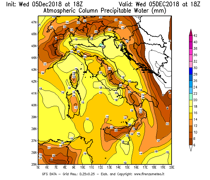 Mappa di analisi GFS - Precipitable Water [mm] in Italia
									del 05/12/2018 18 <!--googleoff: index-->UTC<!--googleon: index-->