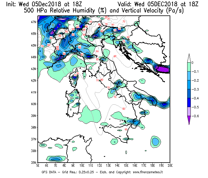 Mappa di analisi GFS - Umidità relativa [%] e Omega [Pa/s] a 500 hPa in Italia
							del 05/12/2018 18 <!--googleoff: index-->UTC<!--googleon: index-->