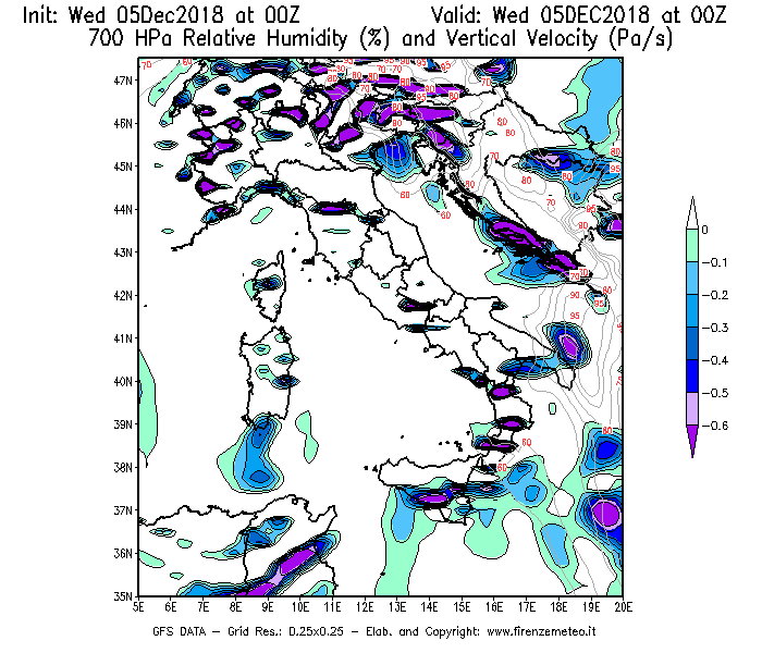 Mappa di analisi GFS - Umidità relativa [%] e Omega [Pa/s] a 700 hPa in Italia
									del 05/12/2018 00 <!--googleoff: index-->UTC<!--googleon: index-->