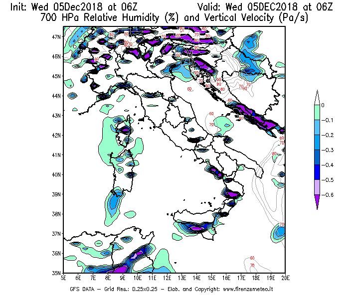 Mappa di analisi GFS - Umidità relativa [%] e Omega [Pa/s] a 700 hPa in Italia
									del 05/12/2018 06 <!--googleoff: index-->UTC<!--googleon: index-->