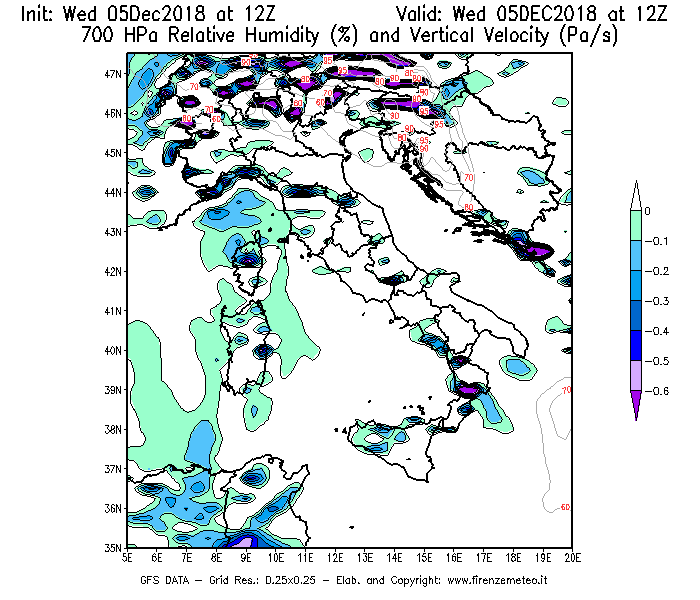 Mappa di analisi GFS - Umidità relativa [%] e Omega [Pa/s] a 700 hPa in Italia
									del 05/12/2018 12 <!--googleoff: index-->UTC<!--googleon: index-->