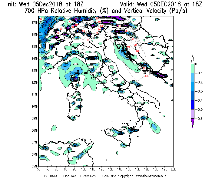 Mappa di analisi GFS - Umidità relativa [%] e Omega [Pa/s] a 700 hPa in Italia
							del 05/12/2018 18 <!--googleoff: index-->UTC<!--googleon: index-->