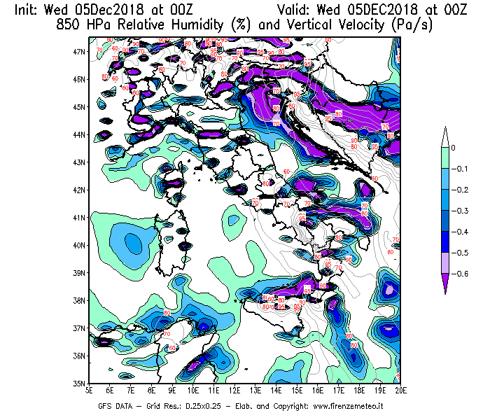 Mappa di analisi GFS - Umidità relativa [%] e Omega [Pa/s] a 850 hPa in Italia
									del 05/12/2018 00 <!--googleoff: index-->UTC<!--googleon: index-->