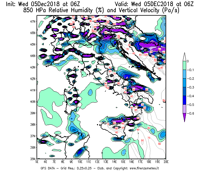 Mappa di analisi GFS - Umidità relativa [%] e Omega [Pa/s] a 850 hPa in Italia
							del 05/12/2018 06 <!--googleoff: index-->UTC<!--googleon: index-->