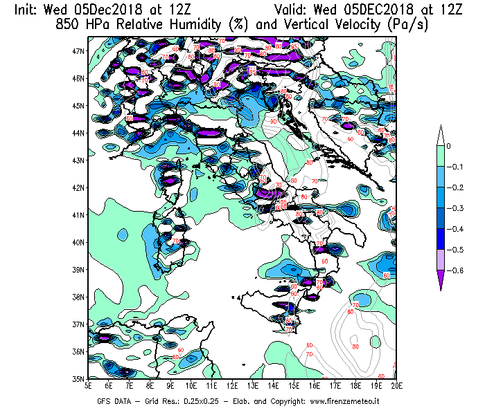 Mappa di analisi GFS - Umidità relativa [%] e Omega [Pa/s] a 850 hPa in Italia
									del 05/12/2018 12 <!--googleoff: index-->UTC<!--googleon: index-->