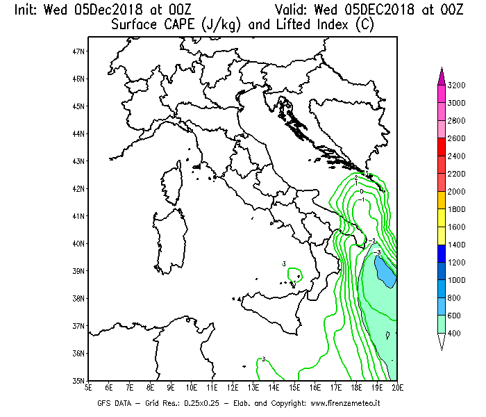 Mappa di analisi GFS - CAPE [J/kg] e Lifted Index [°C] in Italia
							del 05/12/2018 00 <!--googleoff: index-->UTC<!--googleon: index-->