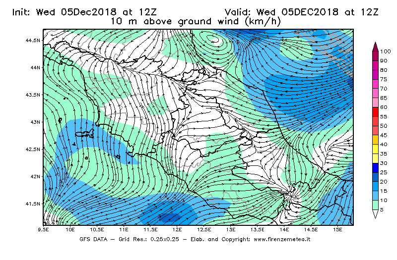 Mappa di analisi GFS - Velocità del vento a 10 metri dal suolo [km/h] in Centro-Italia
							del 05/12/2018 12 <!--googleoff: index-->UTC<!--googleon: index-->
