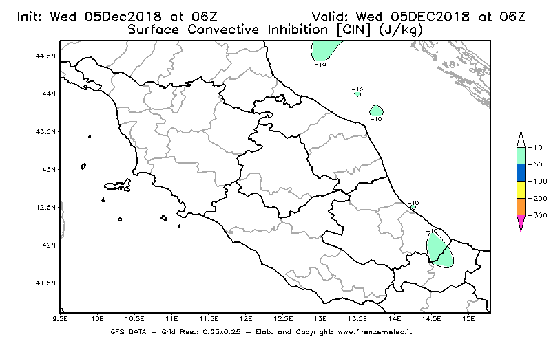 Mappa di analisi GFS - CIN [J/kg] in Centro-Italia
							del 05/12/2018 06 <!--googleoff: index-->UTC<!--googleon: index-->