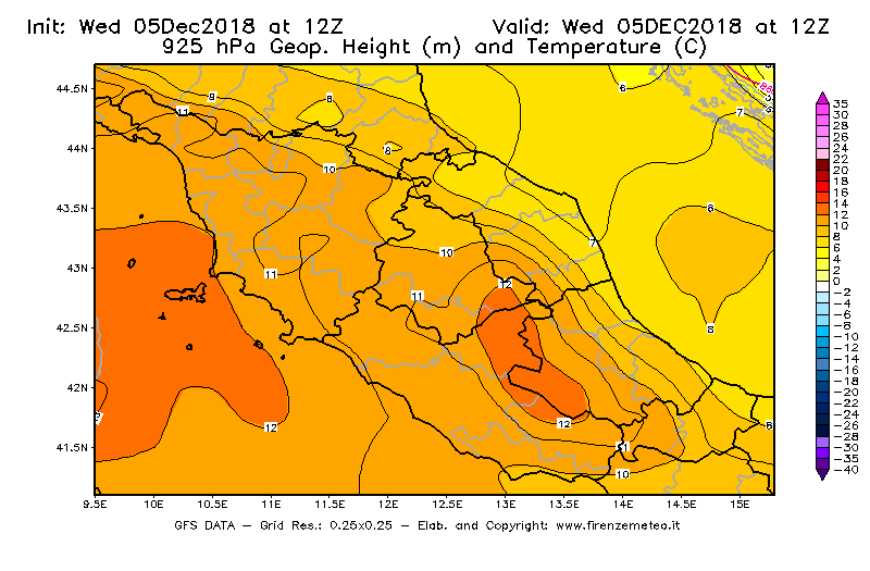Mappa di analisi GFS - Geopotenziale [m] e Temperatura [°C] a 925 hPa in Centro-Italia
									del 05/12/2018 12 <!--googleoff: index-->UTC<!--googleon: index-->