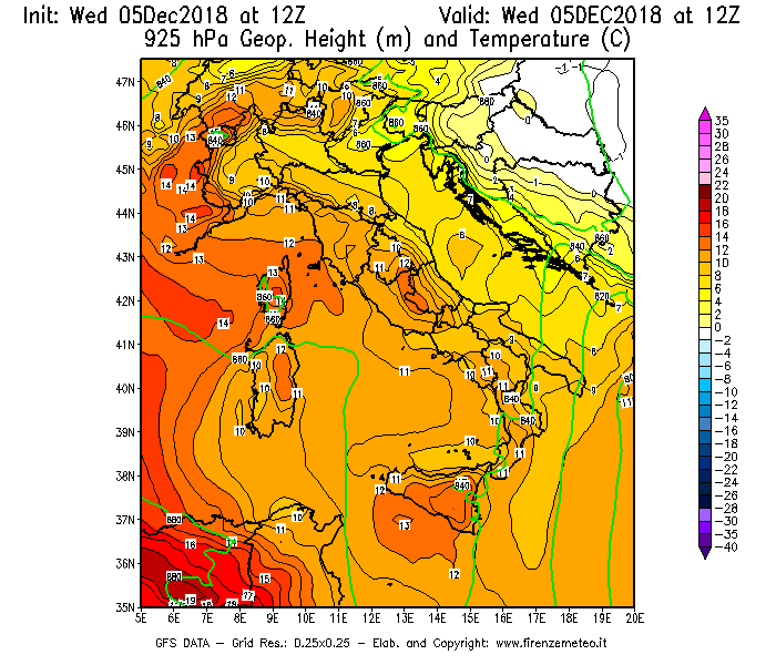 Mappa di analisi GFS - Geopotenziale [m] e Temperatura [°C] a 925 hPa in Italia
							del 05/12/2018 12 <!--googleoff: index-->UTC<!--googleon: index-->