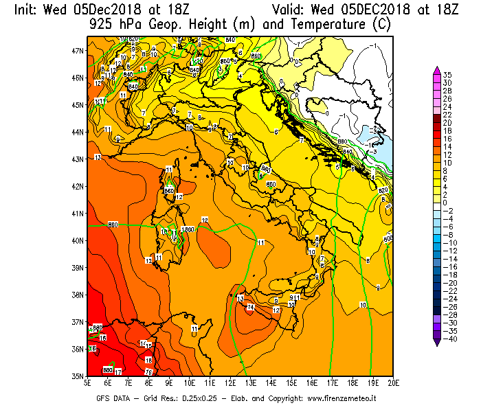 Mappa di analisi GFS - Geopotenziale [m] e Temperatura [°C] a 925 hPa in Italia
									del 05/12/2018 18 <!--googleoff: index-->UTC<!--googleon: index-->