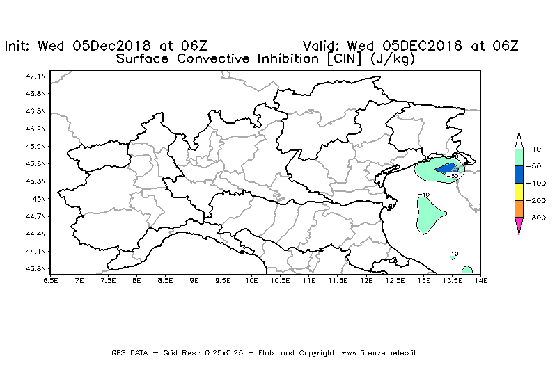 Mappa di analisi GFS - CIN [J/kg] in Nord-Italia
							del 05/12/2018 06 <!--googleoff: index-->UTC<!--googleon: index-->