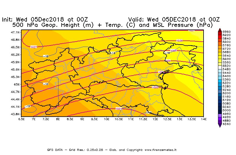 Mappa di analisi GFS - Geopotenziale [m] + Temp. [°C] a 500 hPa + Press. a livello del mare [hPa] in Nord-Italia
							del 05/12/2018 00 <!--googleoff: index-->UTC<!--googleon: index-->