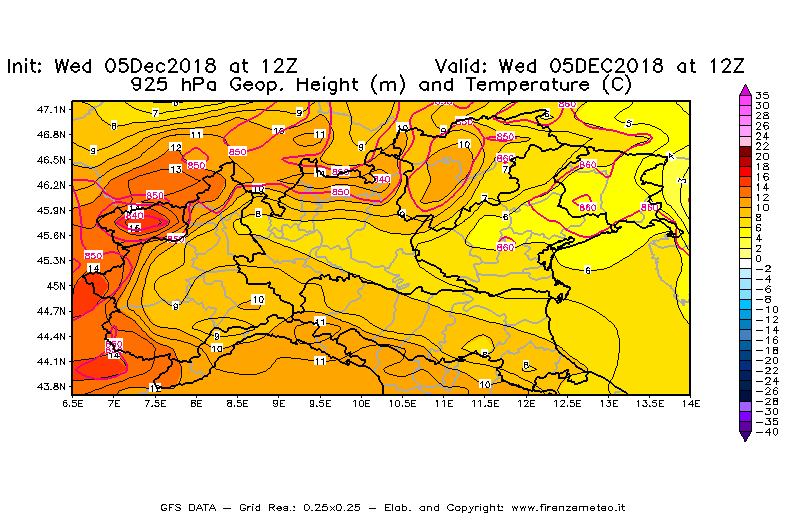Mappa di analisi GFS - Geopotenziale [m] e Temperatura [°C] a 925 hPa in Nord-Italia
									del 05/12/2018 12 <!--googleoff: index-->UTC<!--googleon: index-->