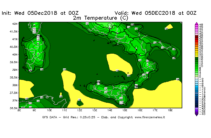Mappa di analisi GFS - Temperatura a 2 metri dal suolo [°C] in Sud-Italia
									del 05/12/2018 00 <!--googleoff: index-->UTC<!--googleon: index-->