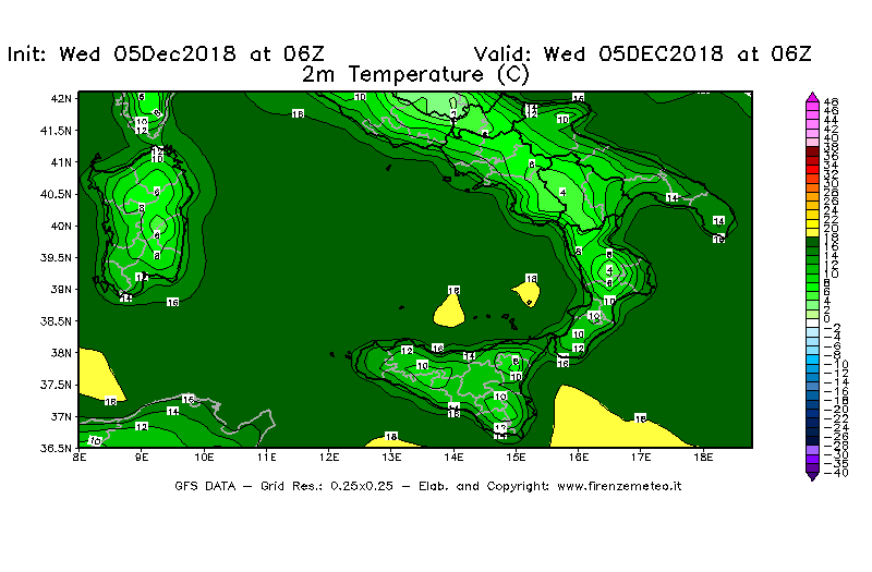 Mappa di analisi GFS - Temperatura a 2 metri dal suolo [°C] in Sud-Italia
							del 05/12/2018 06 <!--googleoff: index-->UTC<!--googleon: index-->