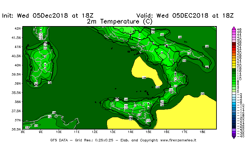Mappa di analisi GFS - Temperatura a 2 metri dal suolo [°C] in Sud-Italia
							del 05/12/2018 18 <!--googleoff: index-->UTC<!--googleon: index-->