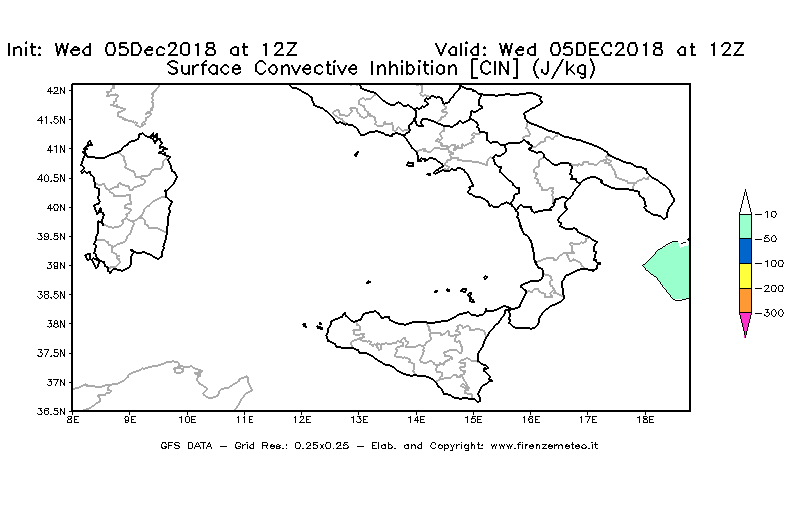 Mappa di analisi GFS - CIN [J/kg] in Sud-Italia
							del 05/12/2018 12 <!--googleoff: index-->UTC<!--googleon: index-->