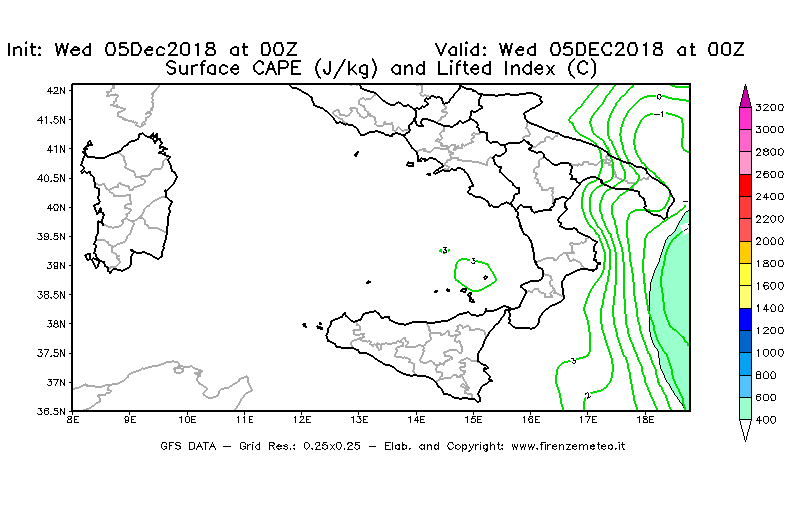 Mappa di analisi GFS - CAPE [J/kg] e Lifted Index [°C] in Sud-Italia
							del 05/12/2018 00 <!--googleoff: index-->UTC<!--googleon: index-->