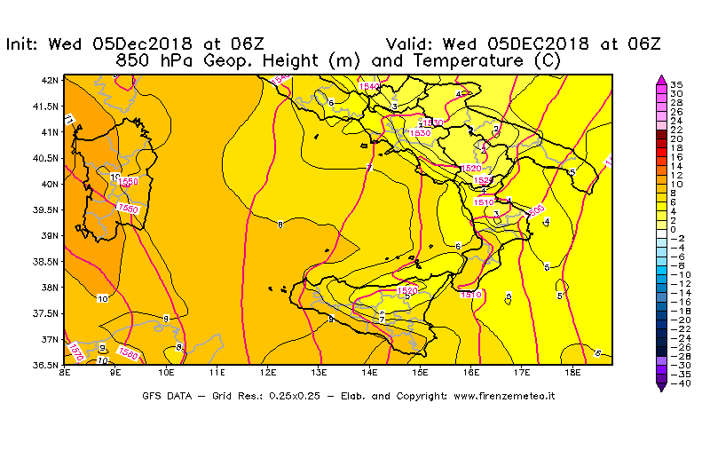 Mappa di analisi GFS - Geopotenziale [m] e Temperatura [°C] a 850 hPa in Sud-Italia
									del 05/12/2018 06 <!--googleoff: index-->UTC<!--googleon: index-->