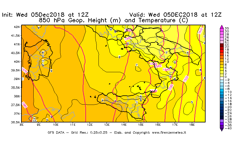 Mappa di analisi GFS - Geopotenziale [m] e Temperatura [°C] a 850 hPa in Sud-Italia
							del 05/12/2018 12 <!--googleoff: index-->UTC<!--googleon: index-->