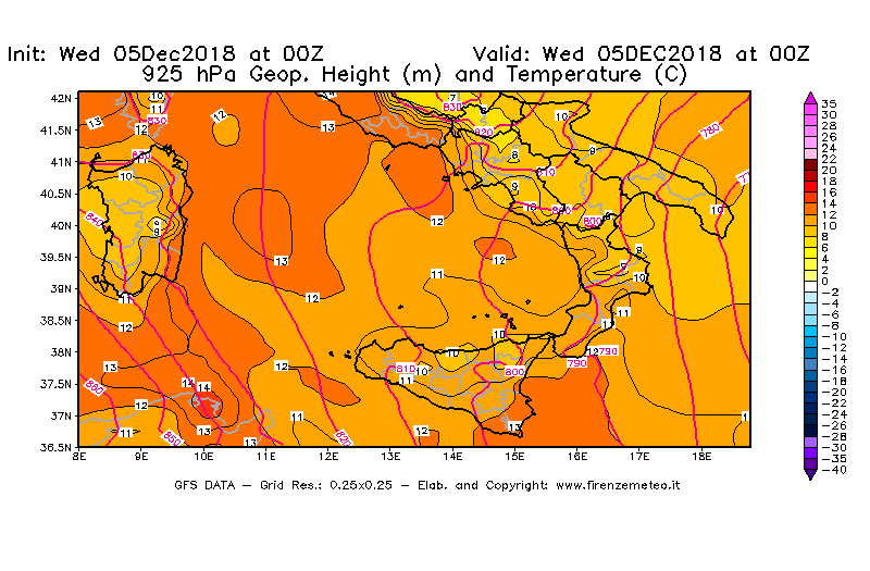 Mappa di analisi GFS - Geopotenziale [m] e Temperatura [°C] a 925 hPa in Sud-Italia
							del 05/12/2018 00 <!--googleoff: index-->UTC<!--googleon: index-->