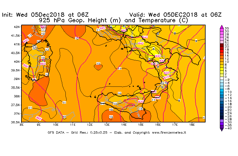 Mappa di analisi GFS - Geopotenziale [m] e Temperatura [°C] a 925 hPa in Sud-Italia
									del 05/12/2018 06 <!--googleoff: index-->UTC<!--googleon: index-->